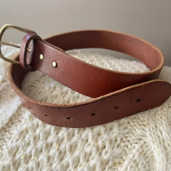 VINTAGE Premium COW HIDE Genuine Thick LEATHER Brass Buckle BELT S/M 26.5”-31.5” - Picture 9 of 12
